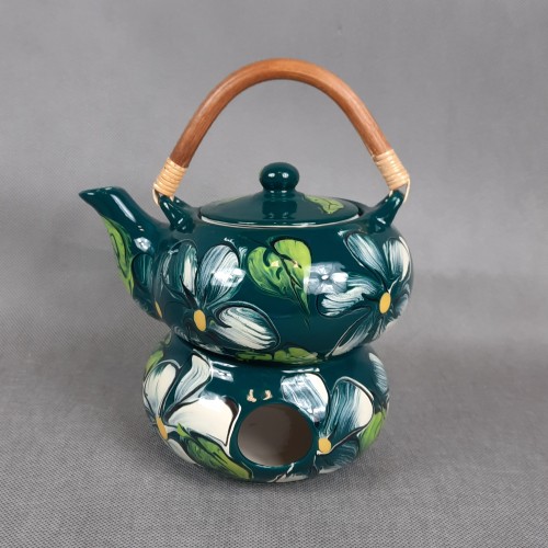 Czajniczek z podgrzewaczem ceramiczny zielony w kwiaty