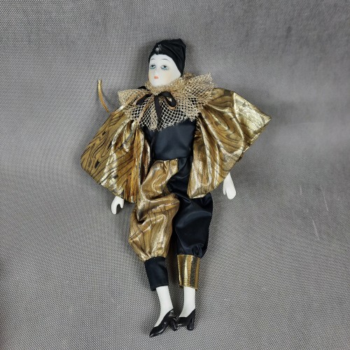 Lalka porcelanowa Arlekin czarno-złoty