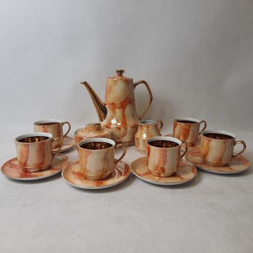Serwis kawowy porcelanowy  CHODZIEŻ  złocony marmurek 